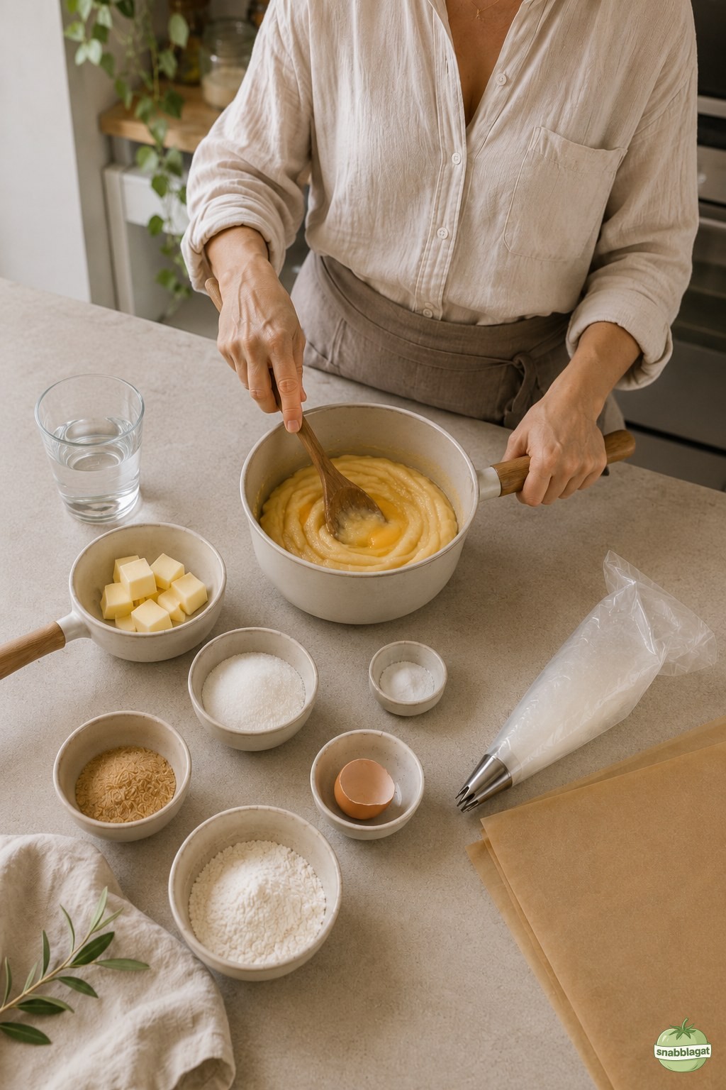 Blank och smidig churrodeg rörs samman i kastrull hemma i köket