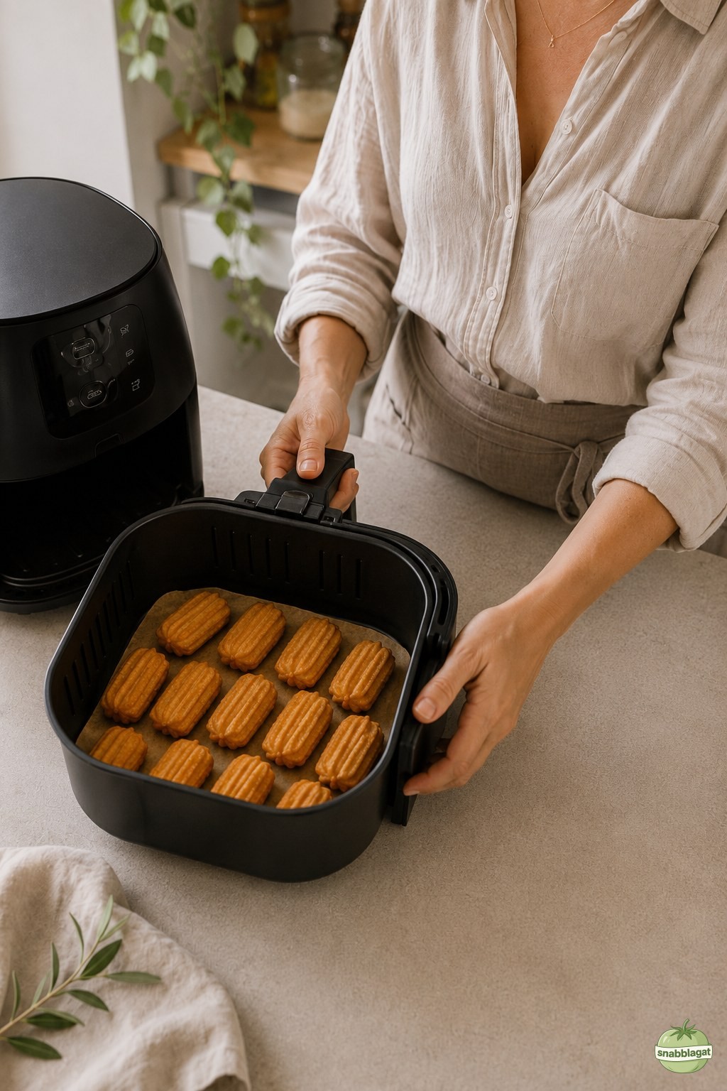 Färdiga air fryer churro bites dras ut ur airfryerkorgen, gyllenbruna och puffiga