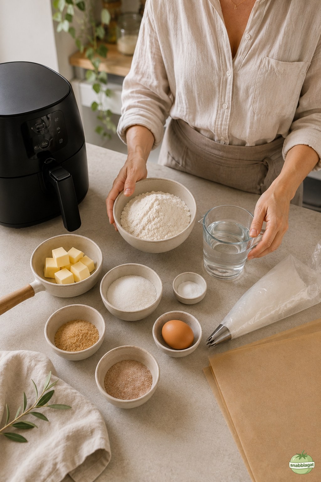 Malin förbereder ingredienser till air fryer churro bites i sitt kök i Örebro