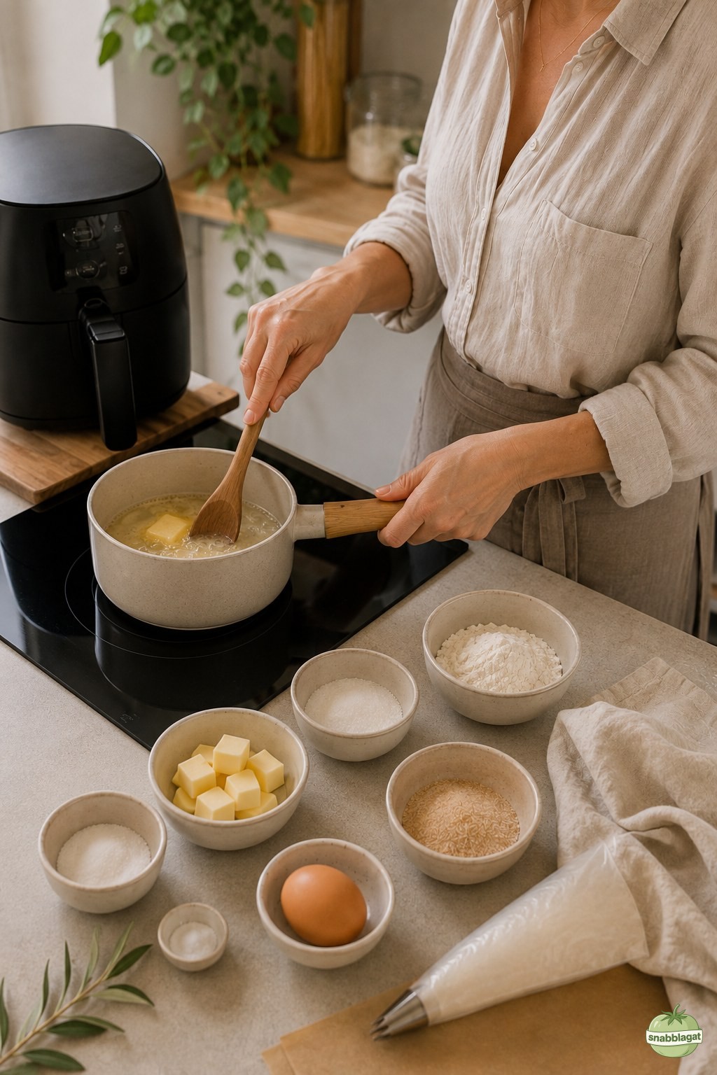 Smör och vatten värms i kastrull inför degen till churro bites i airfryer