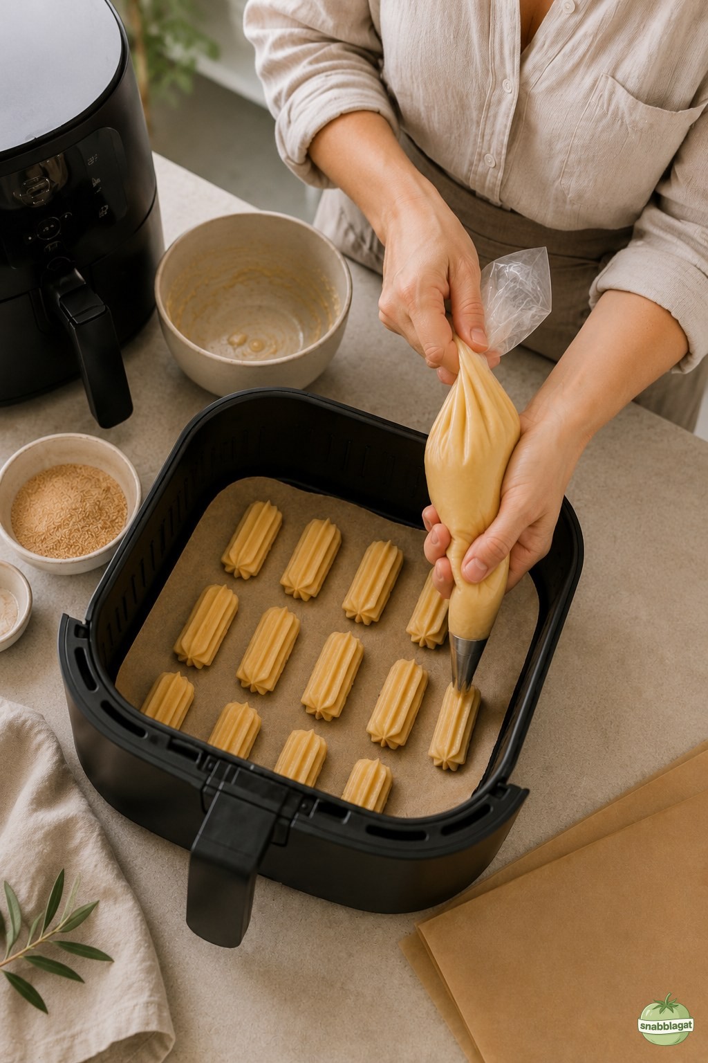 Churro-bites spritsas för hand rad för rad i airfryerkorgen