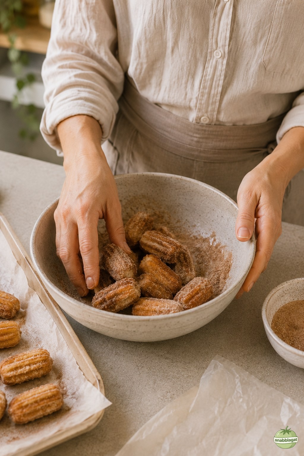 Varma churro bites vänds för hand i skål med kanelsocker