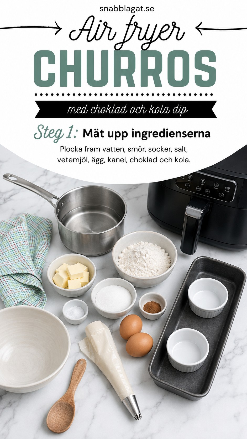 Ingredienser uppmätta för air fryer churros med choklad och kola dip innan degen kokas