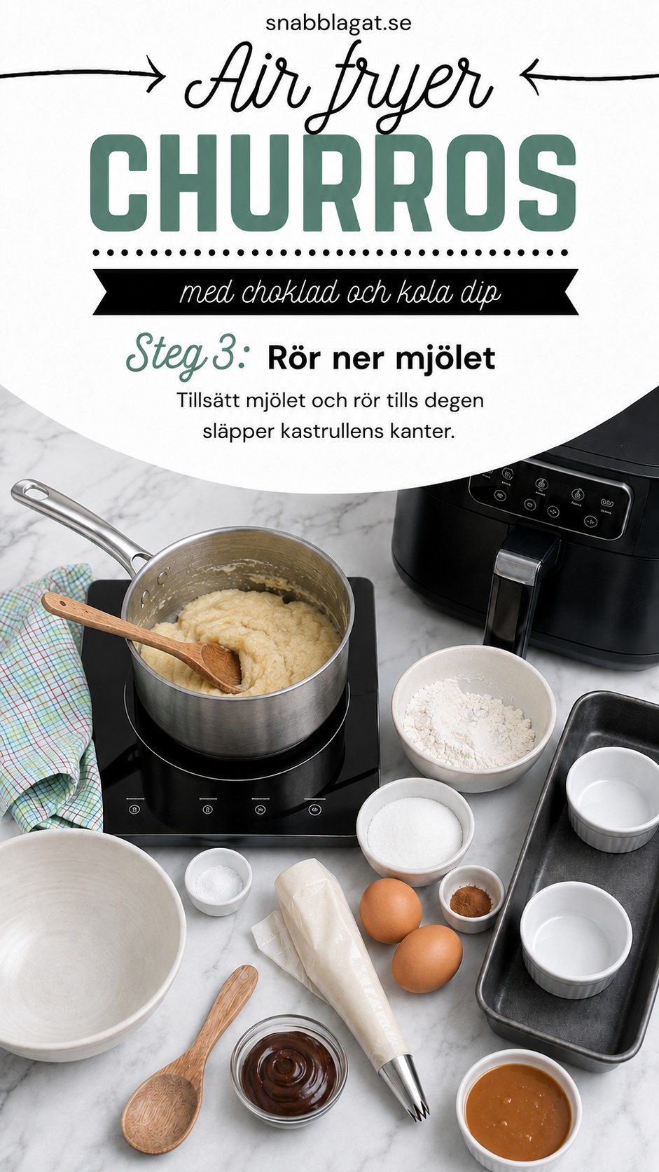 Vetemjöl rörs ner i degen tills den släpper kastrullens kanter för perfekta churros