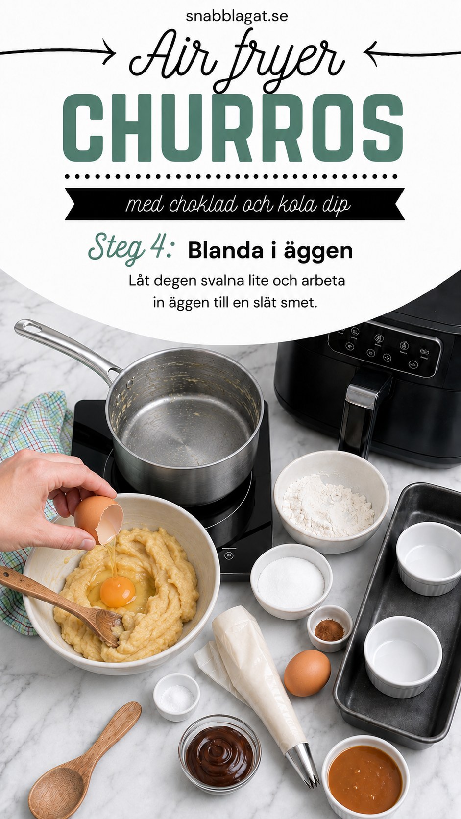Ägg vispas in i den ljumna degen för en slät smet till air fryer churros