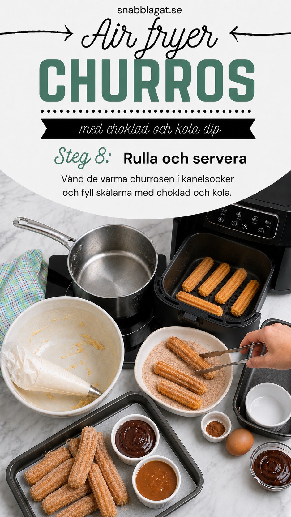 Varma churros rullas i kanelsocker innan choklad- och koladipp fylls i skålarna