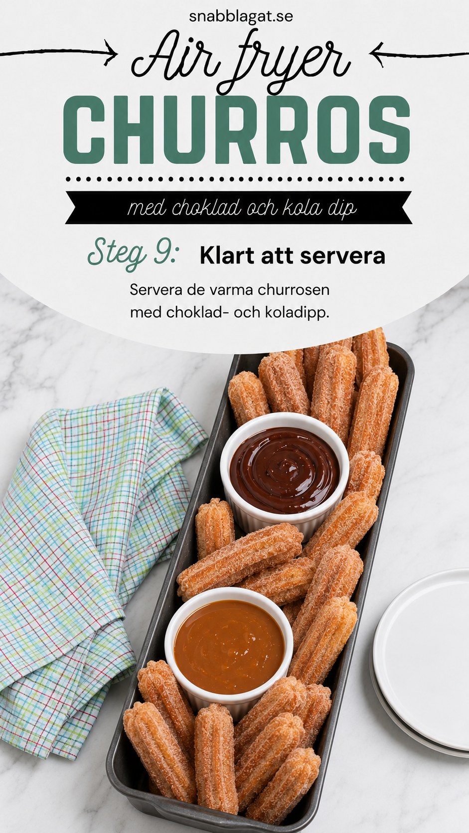 Färdiga air fryer churros serveras varma med choklad- och koladipp