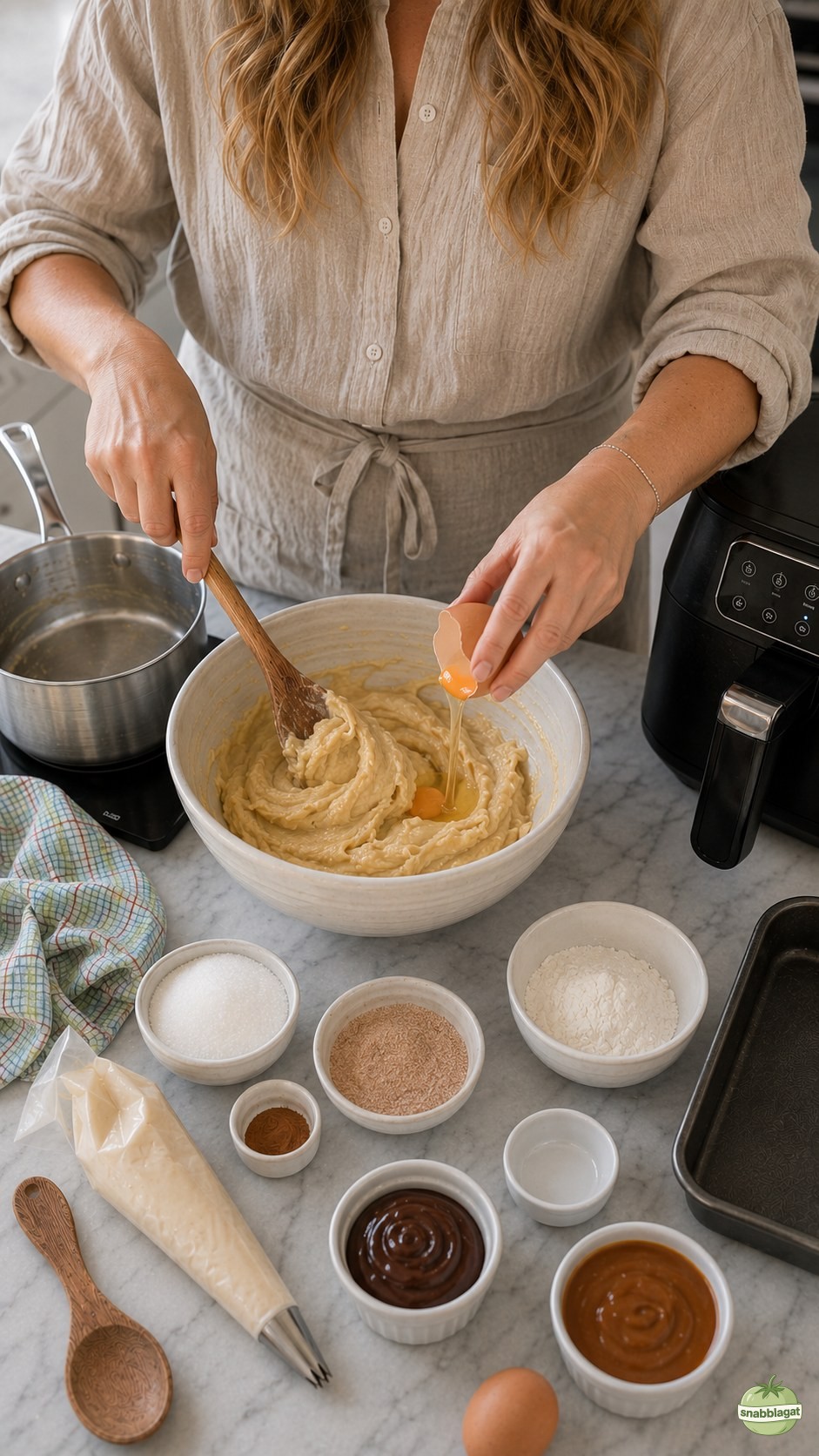 Ägg knäcks i skål med varm churrosdeg för att blandas till en slät smet