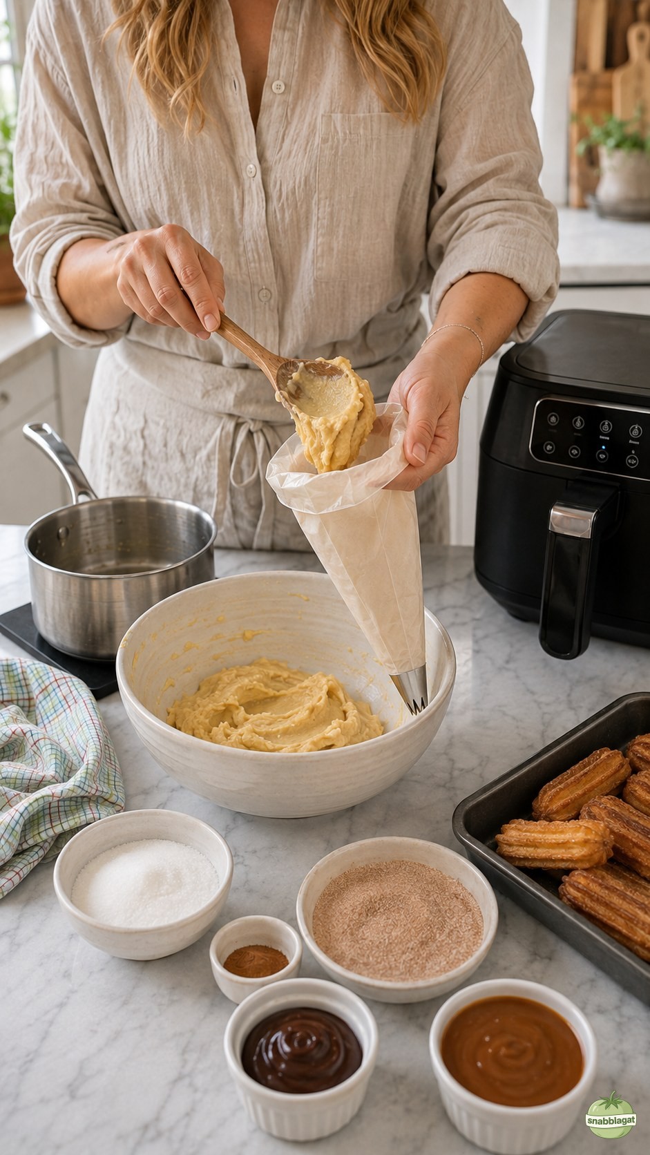 Slät churrosdeg fylls i spritspåse med stjärntyll för att förberedas för spritsning