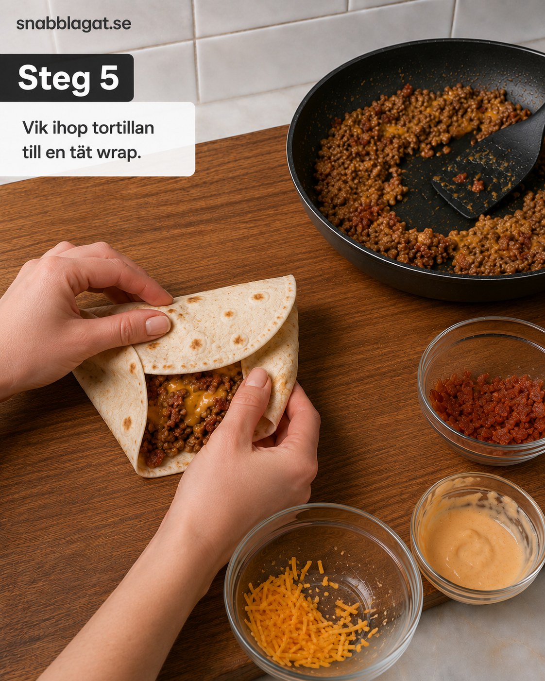 Händer viker tortillan tätt till en cheeseburger crunch wrap innan stekning