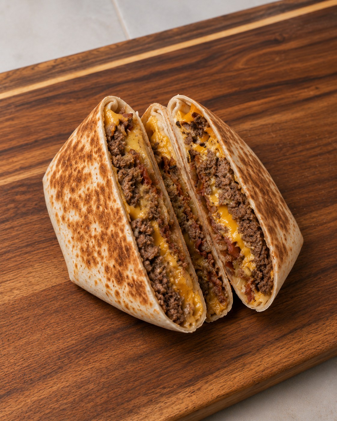 Cheeseburger crunch wrap skuren i två delar visar lager av färs, bacon och cheddar