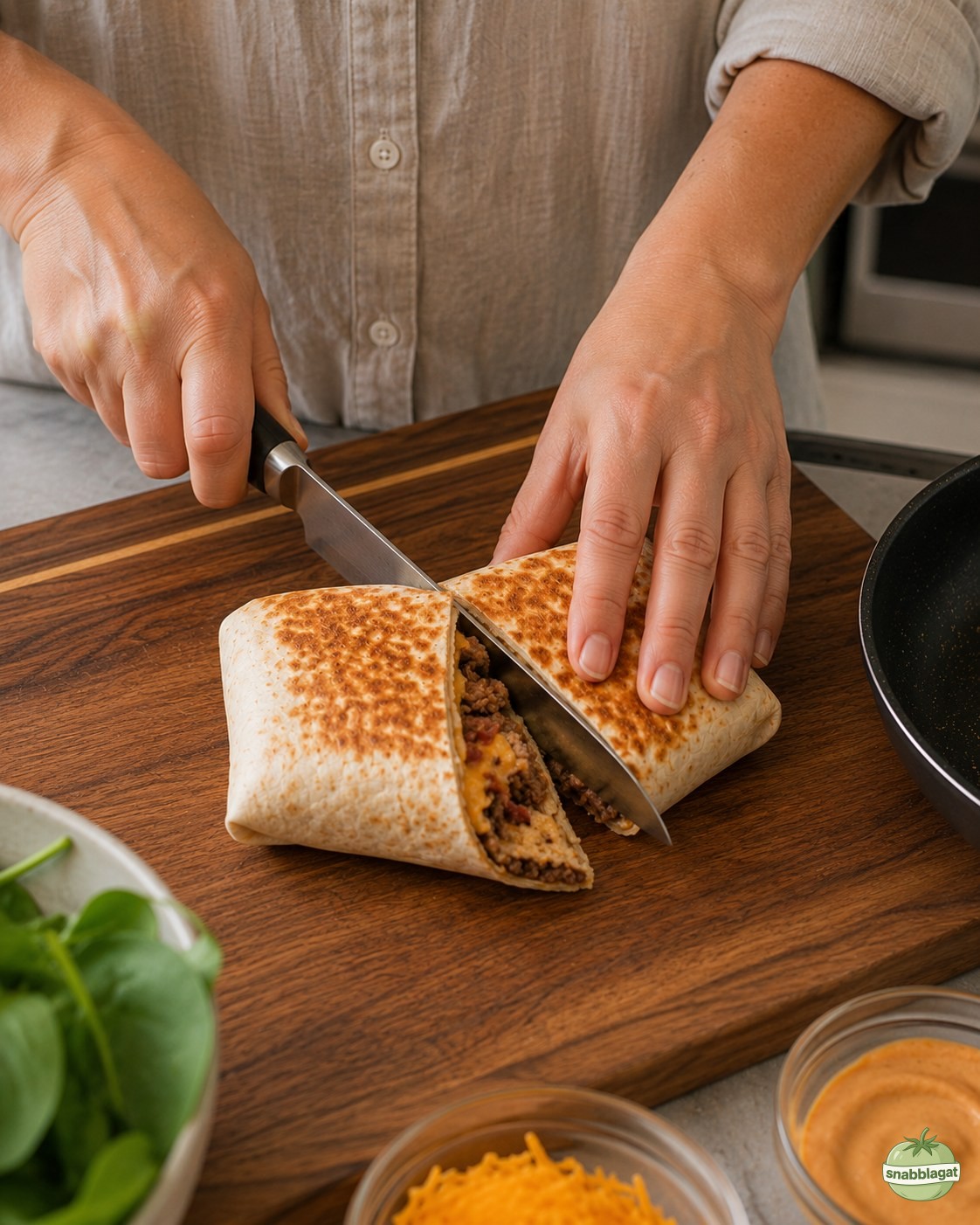 Malin skär en färdigstekt cheeseburger crunch wrap itu på köksbänken