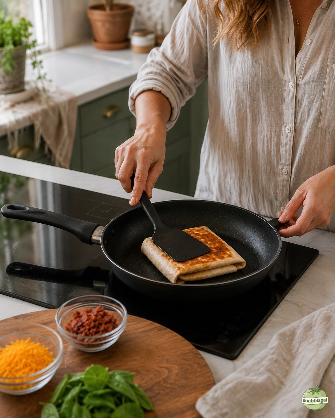 Cheeseburger crunch wrap steks gyllene i smör på spisen hemma hos Malin