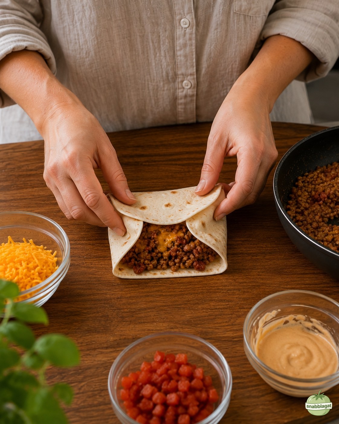 Tortillan viks ihop till en tät cheeseburger crunch wrap på träskärbräda