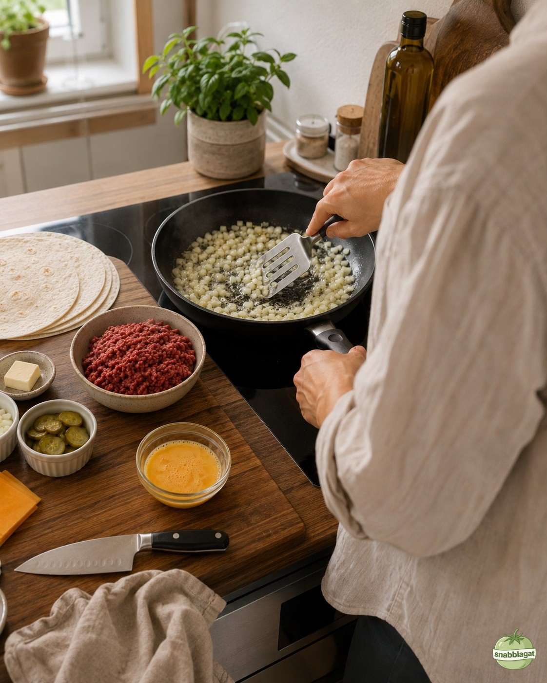 Lök fräses i panna på spisen hemma inför cheeseburger crunch wrap