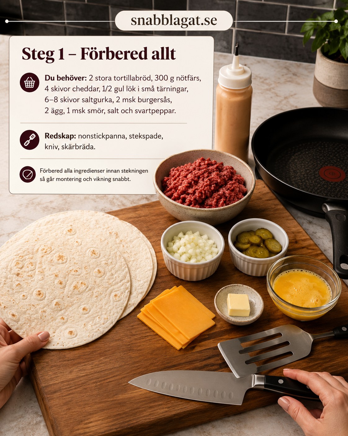 Ingredienser till cheeseburger crunch wrap uppradade på skärbräda med tortillabröd, nötfärs och cheddar