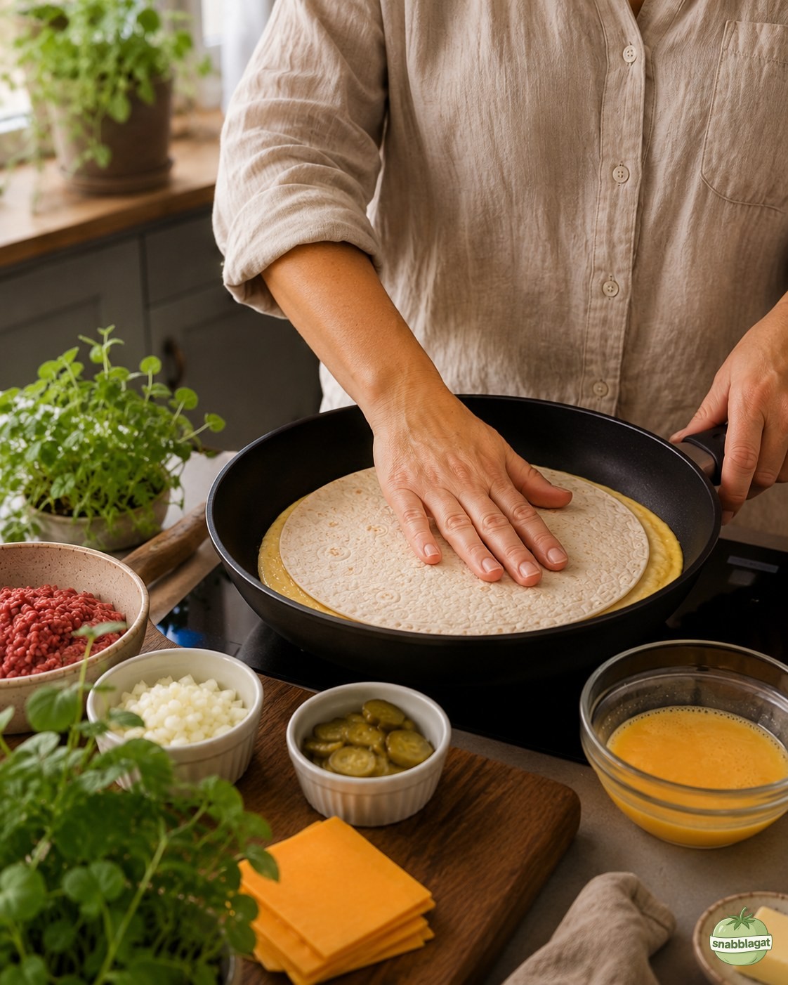 Tortillabröd trycks fast mot ägglager i panna för cheeseburger crunch wrap
