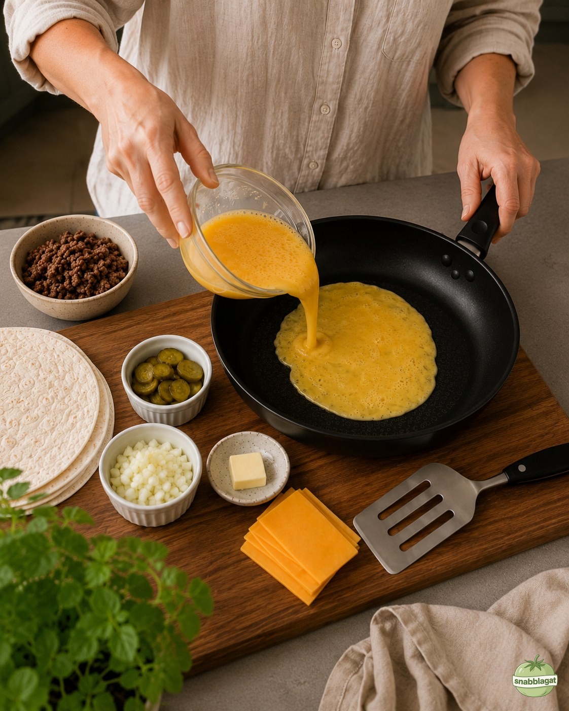 Uppvispat ägg hälls i panna för att bilda botten till cheeseburger crunch wrap