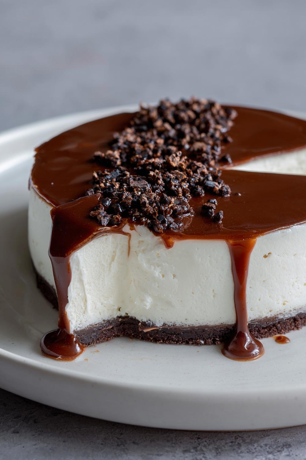 11. Cheesecake utan ugn 2026 med mörk chokladganache och kakaonibs
