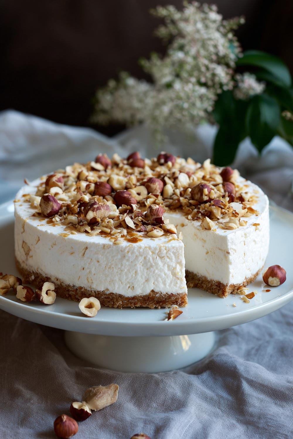 16. Cheesecake utan ugn 2026 med hasselnöt och praliné i gyllene flarn