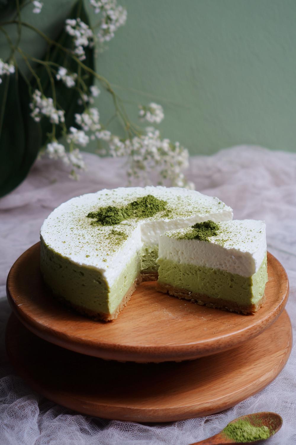 19. Cheesecake utan ugn 2026 med matcha, vit kräm och bambukänsla