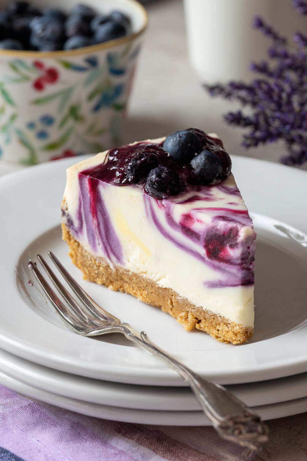 3. Cheesecake utan ugn 2026 med blåbärsswirl och lavendelkant