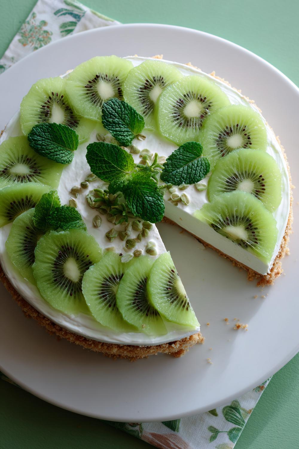 31. Cheesecake utan ugn 2026 med kiwi, mynta och gröna skivmönster