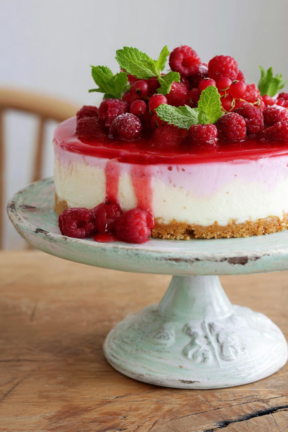 4. Cheesecake utan ugn 2026 med hallon- och limeglans i tunna lager