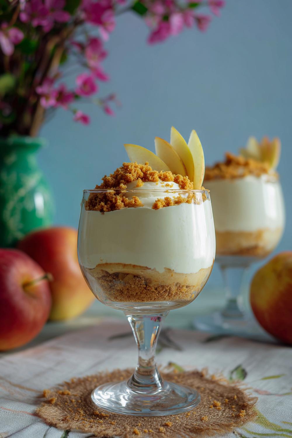 9. Cheesecake utan ugn 2026 med äpple-kanel i glas och kexsmulor