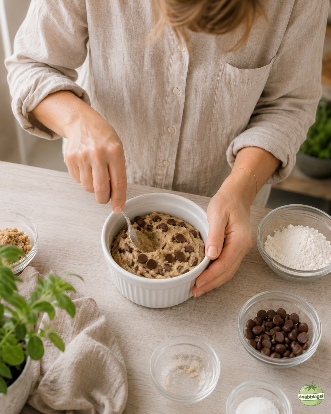Chokladknappar rörs ner i degen för chocolate chip mugg cookie med en sked