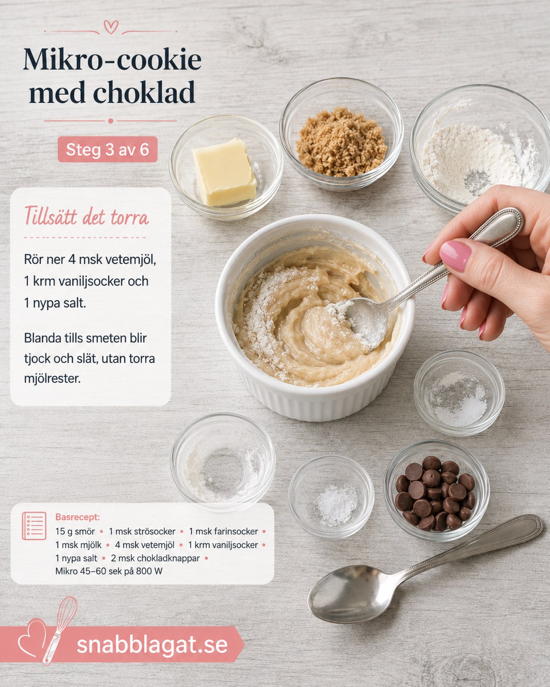 Vetemjöl rörs ner i smeten till en tjock och slät deg för mugg-cookien