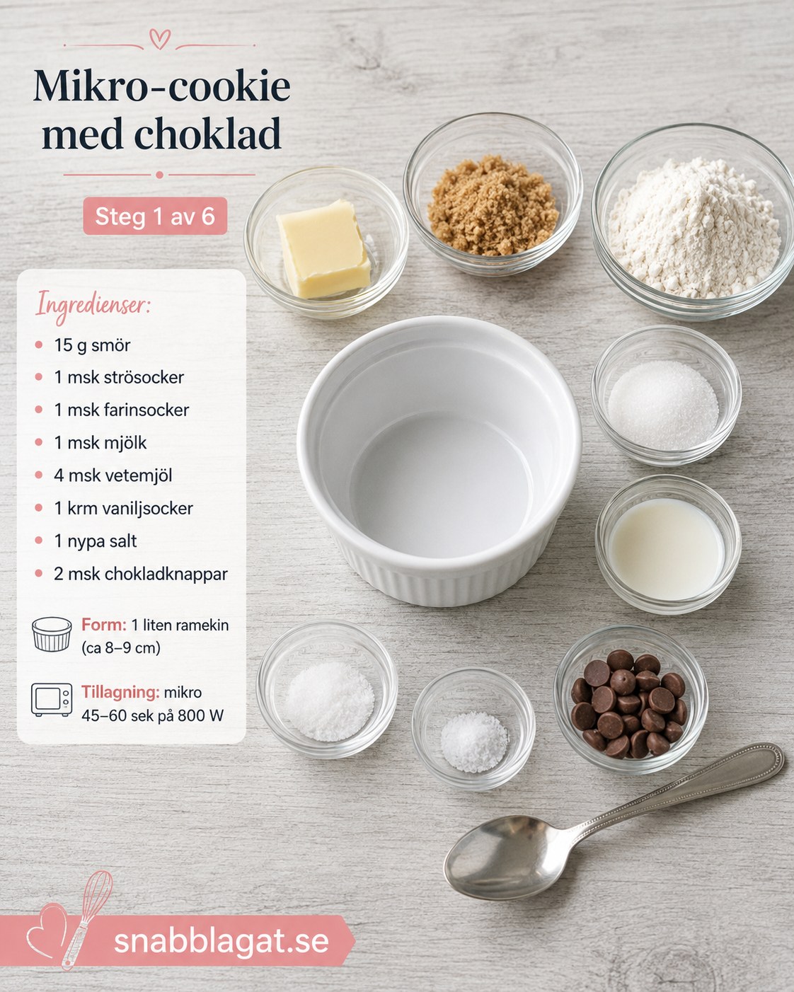 Alla ingredienser till chocolate chip mugg cookie uppradade i skålar bredvid en tom ramekin