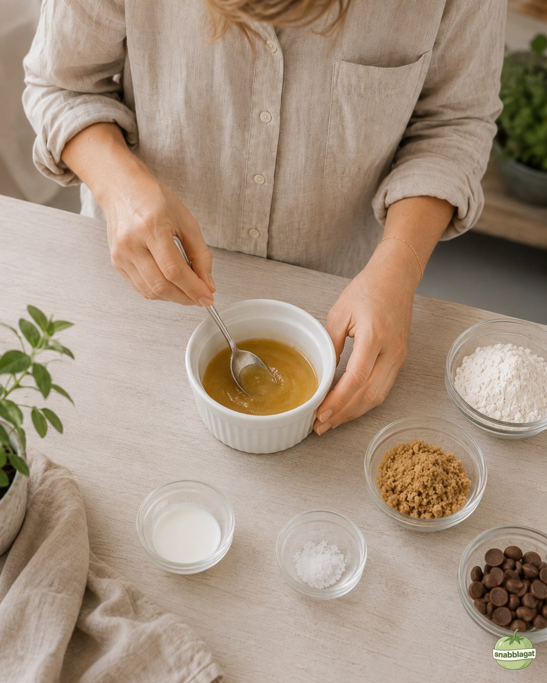 Hand rör om smält smör och socker i ramekin till chocolate chip mugg cookie