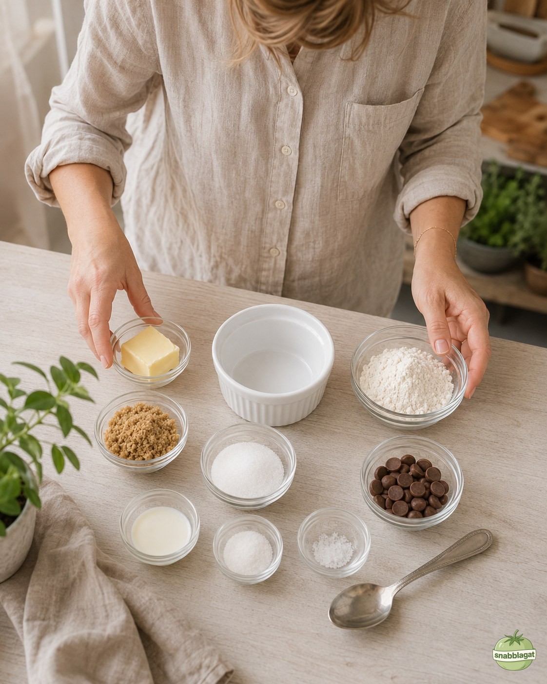 Kvinna i linneskjorta ställer fram ingredienser till chocolate chip mugg cookie på köksbänken