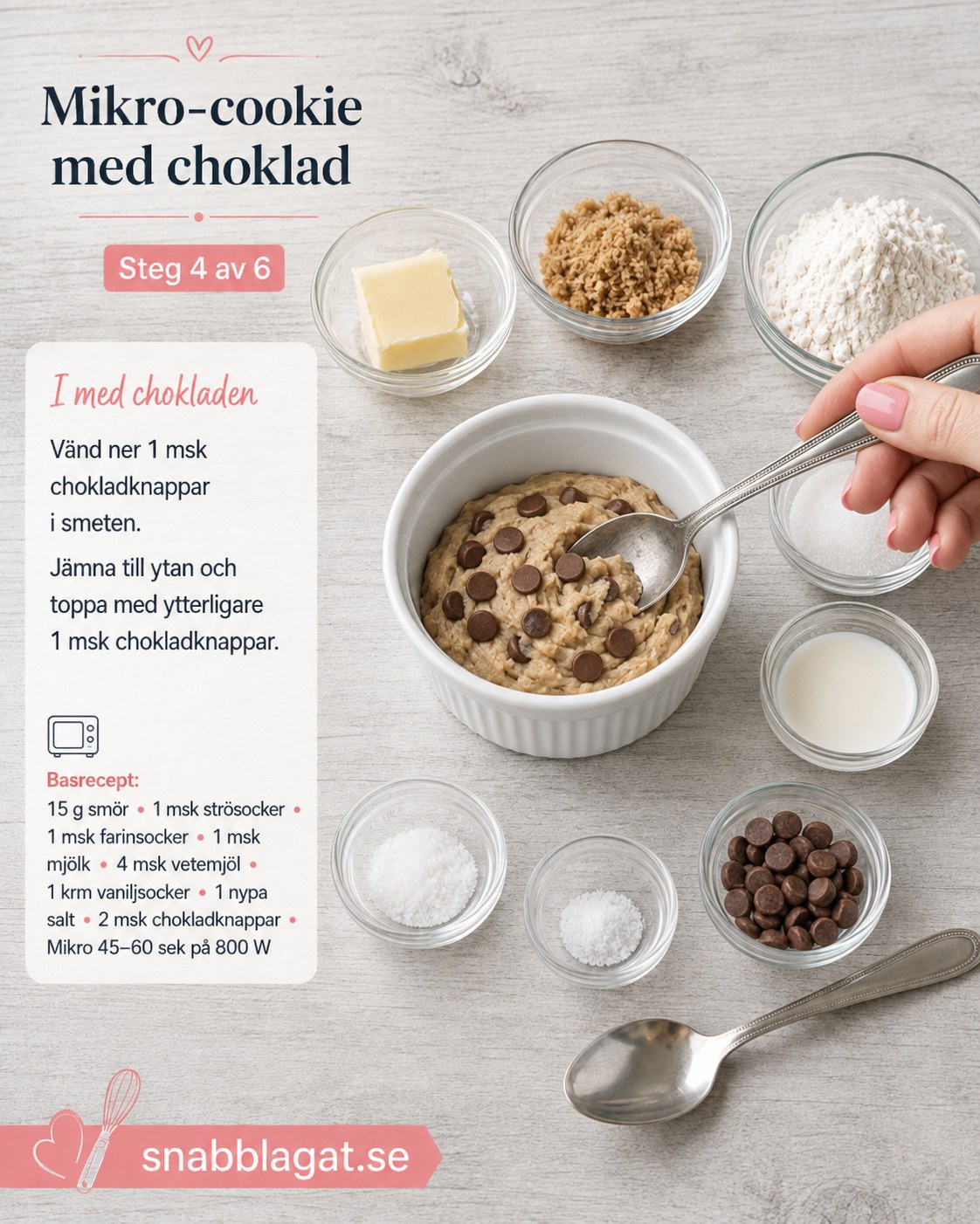 Chokladknappar vänds ner i smeten och toppas ovanpå innan mugg-cookien mikras