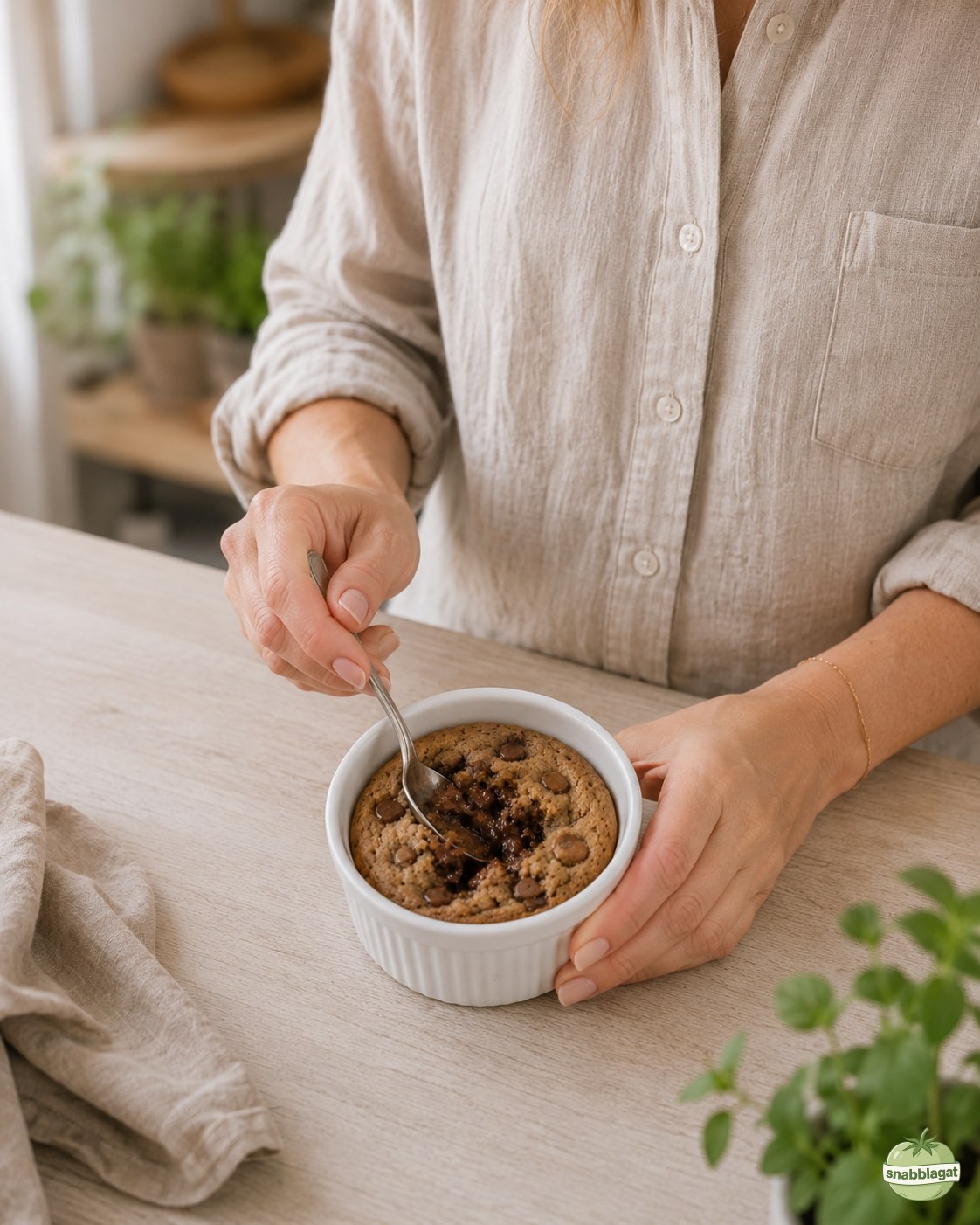 Sked bryter i den varma mitten på en nybakad chocolate chip mugg cookie