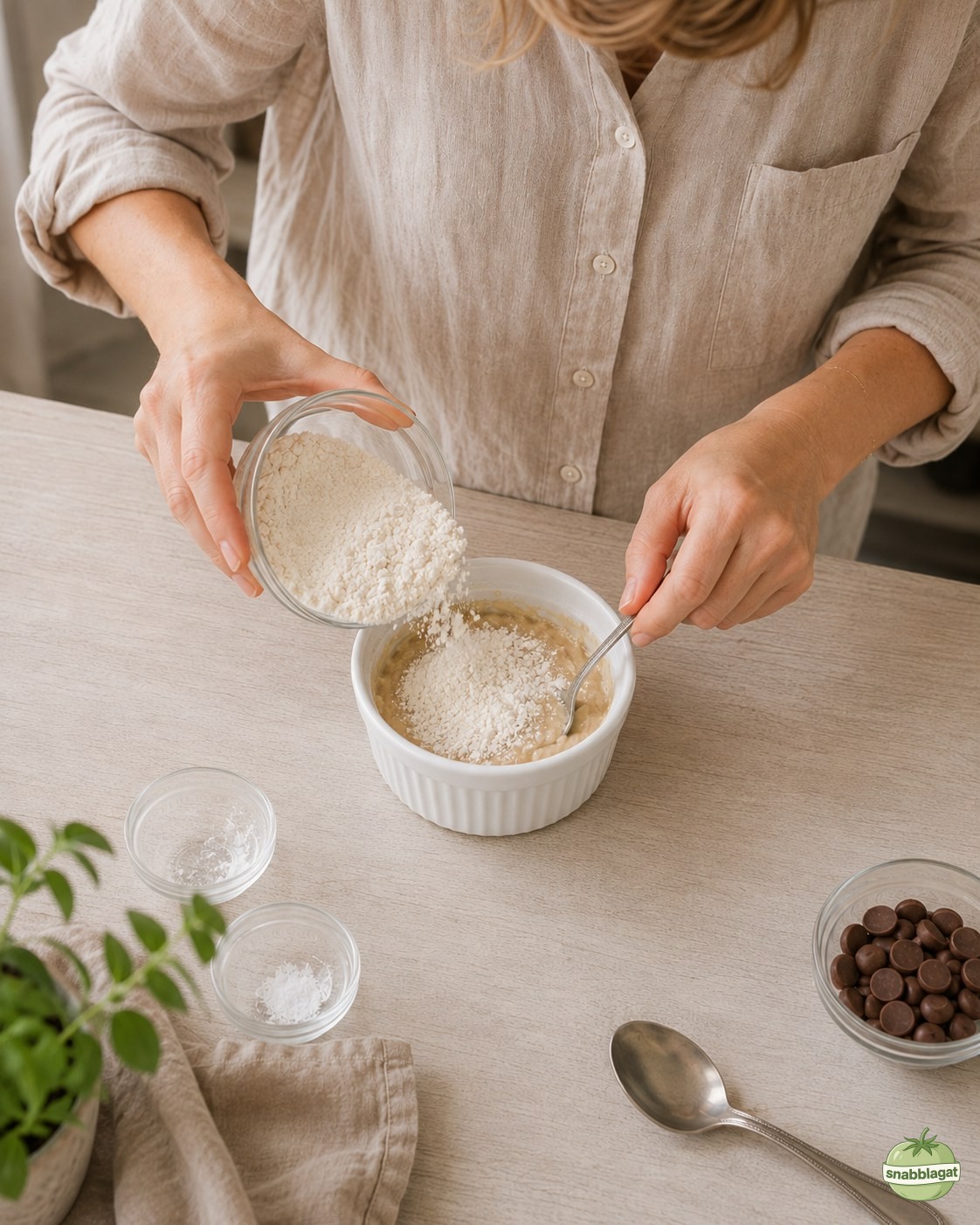 Vetemjöl hälls ner i smeten till chocolate chip mugg cookie i vitt kök