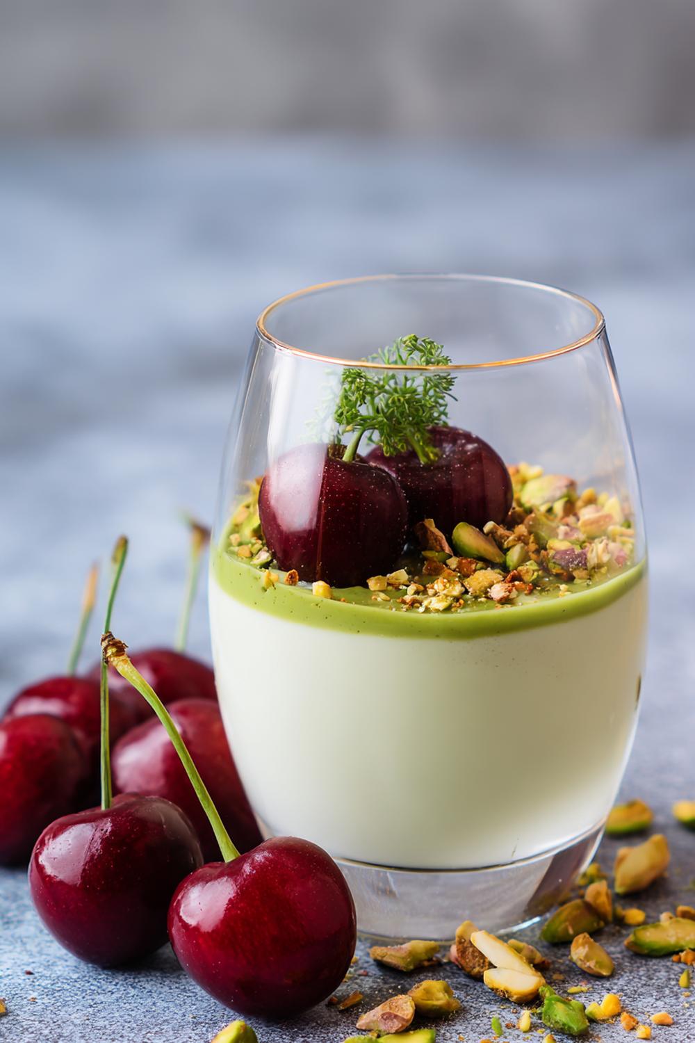5. Pistagepannacotta-efterrätt i glas 2026 med körsbär och honung