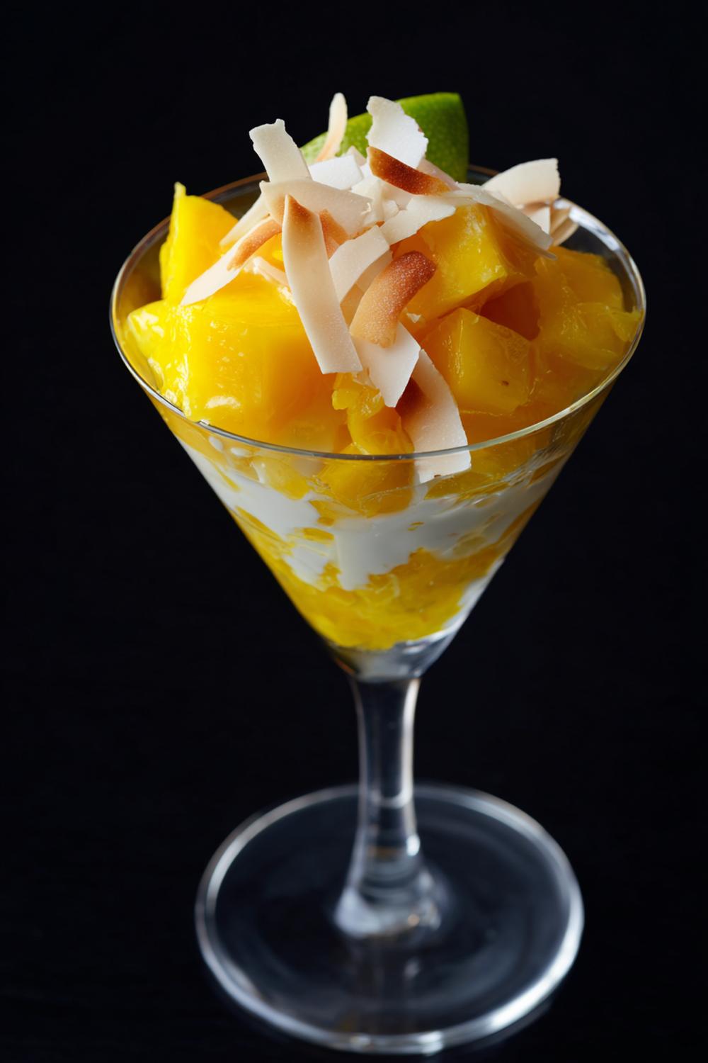 9. Mango- och kokos-efterrätt i glas 2026 med lime och rostade flingor