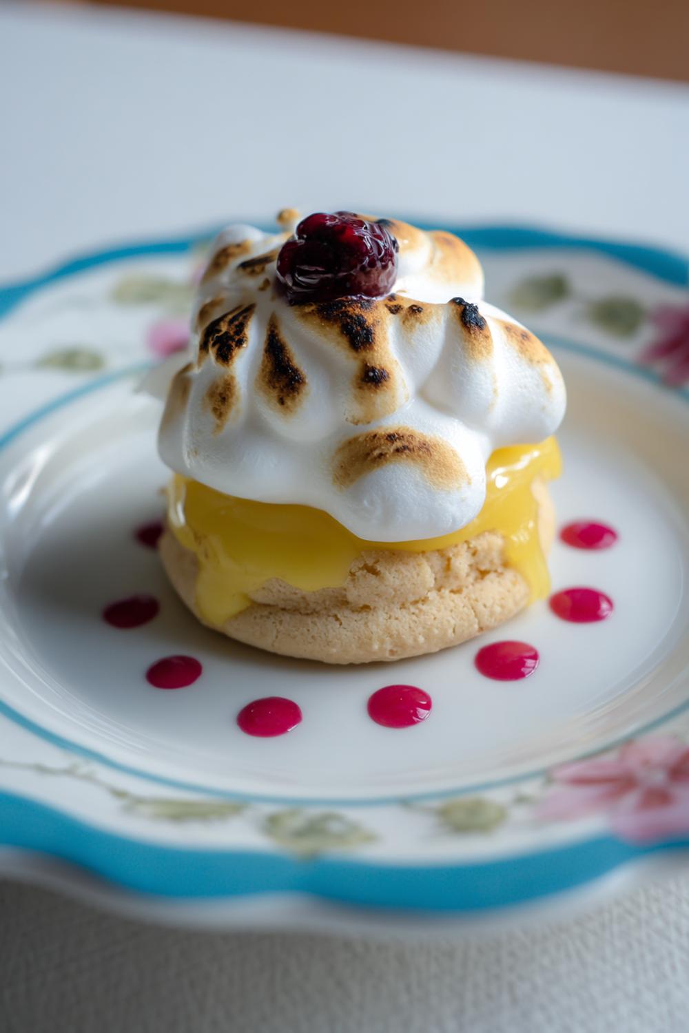 16. Citronmaräng på kex med bränd topp och bärprickar