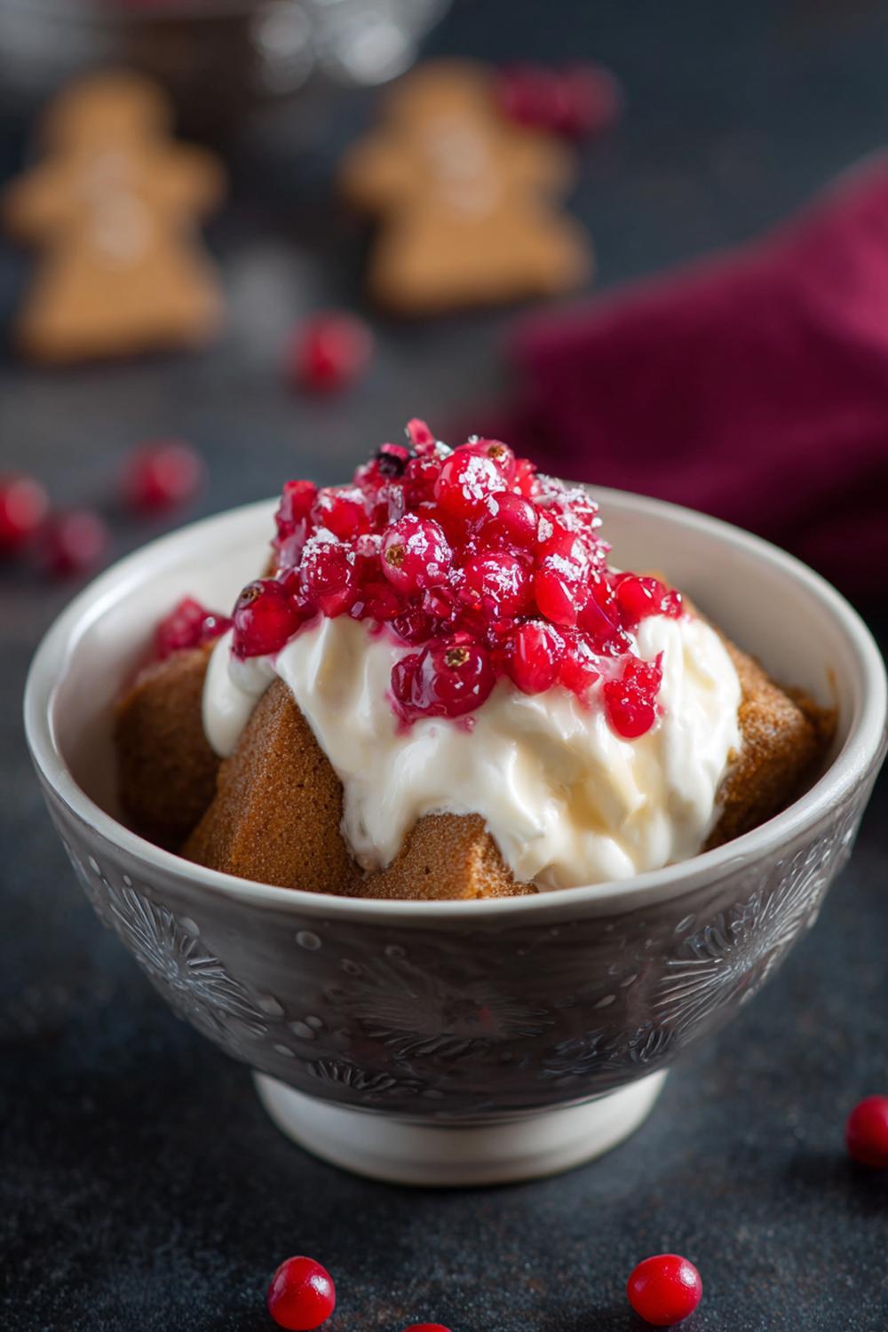 21. Pepparkaksdessert i skål med lingon och vispad grädde