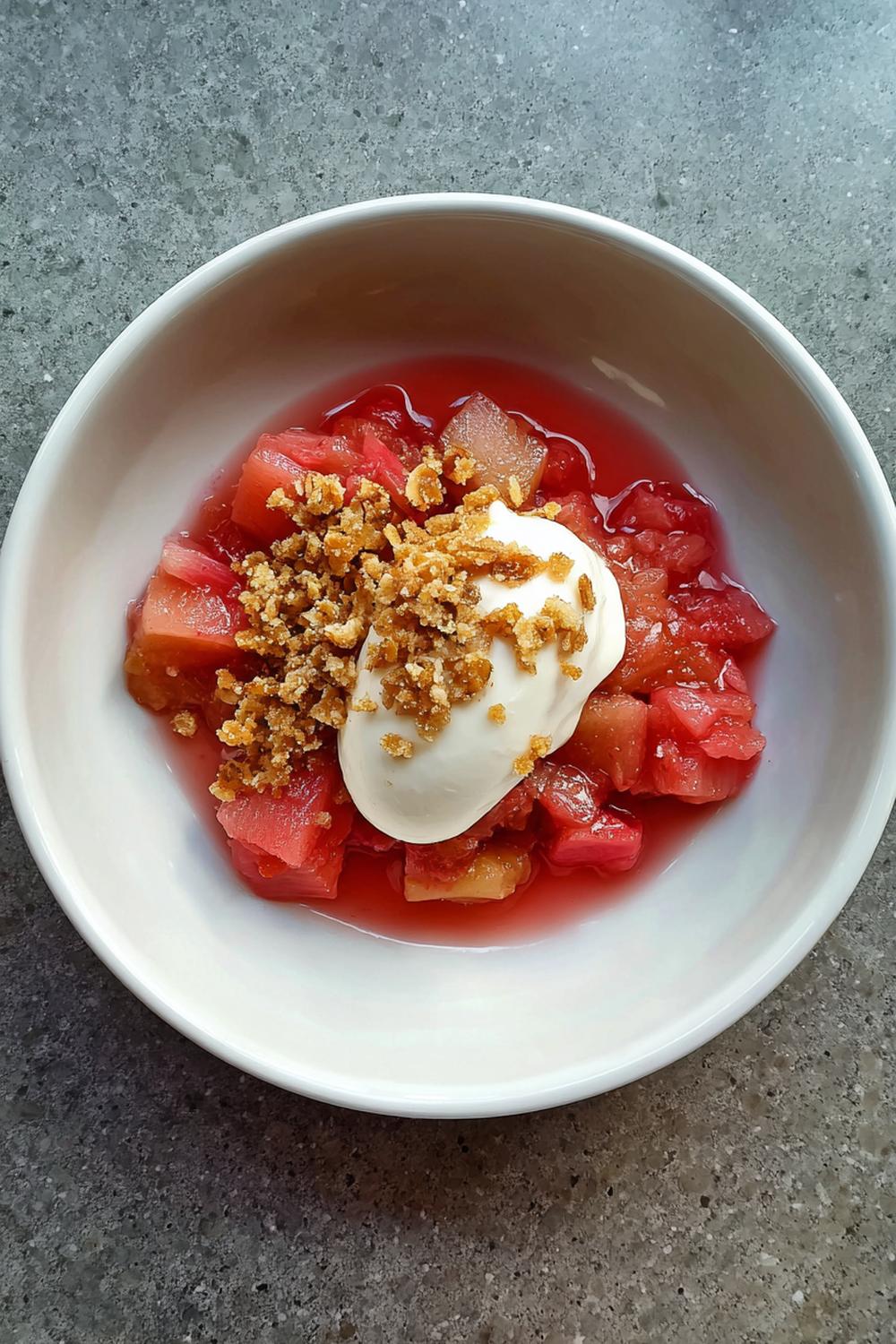 27. Rabarberkompott med vaniljglass och knäckigt havrecrunch