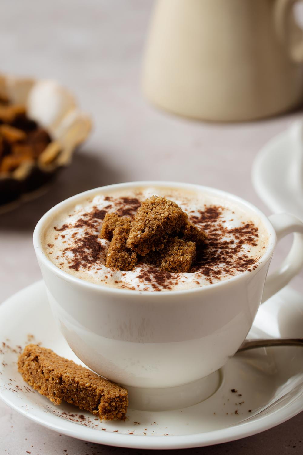 28. Cappuccino-kräm med krossad biscotti och kakaodamm