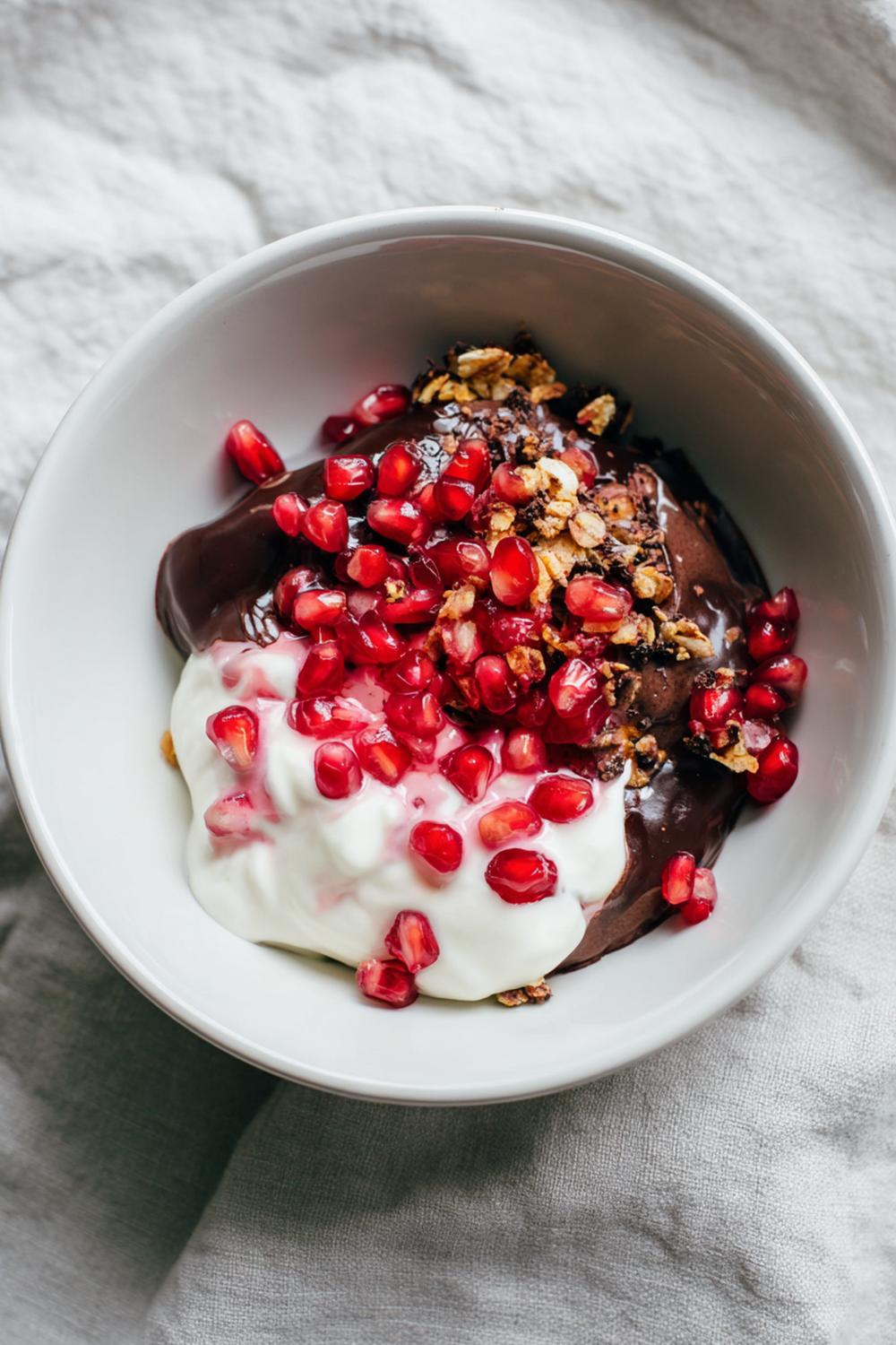32. Choklad- och bärskål med yoghurt, granatäpple och crunch