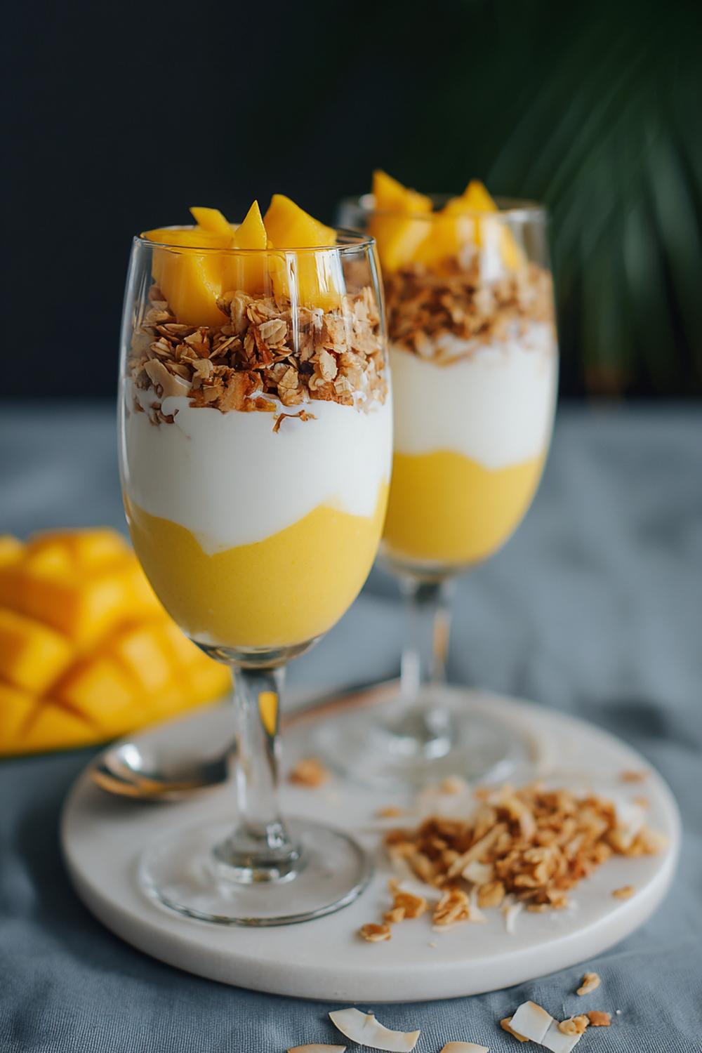 9. Mango lassi-parfait med kokosflakes och granola