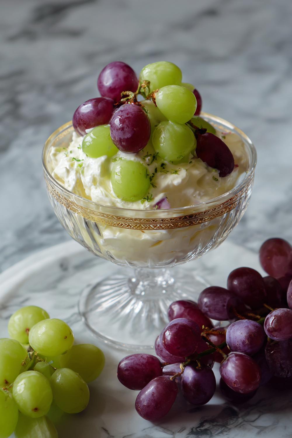 14. Fruktig efterrätt med vindruvor och mascarpone på serveringsbricka