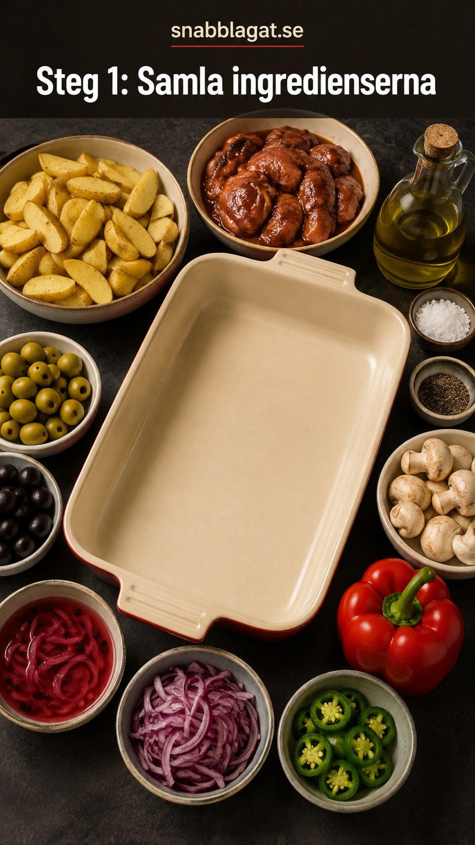 Ingredienserna till grekisk pyttipanna uppradade runt en tom ugnsform före tillagning