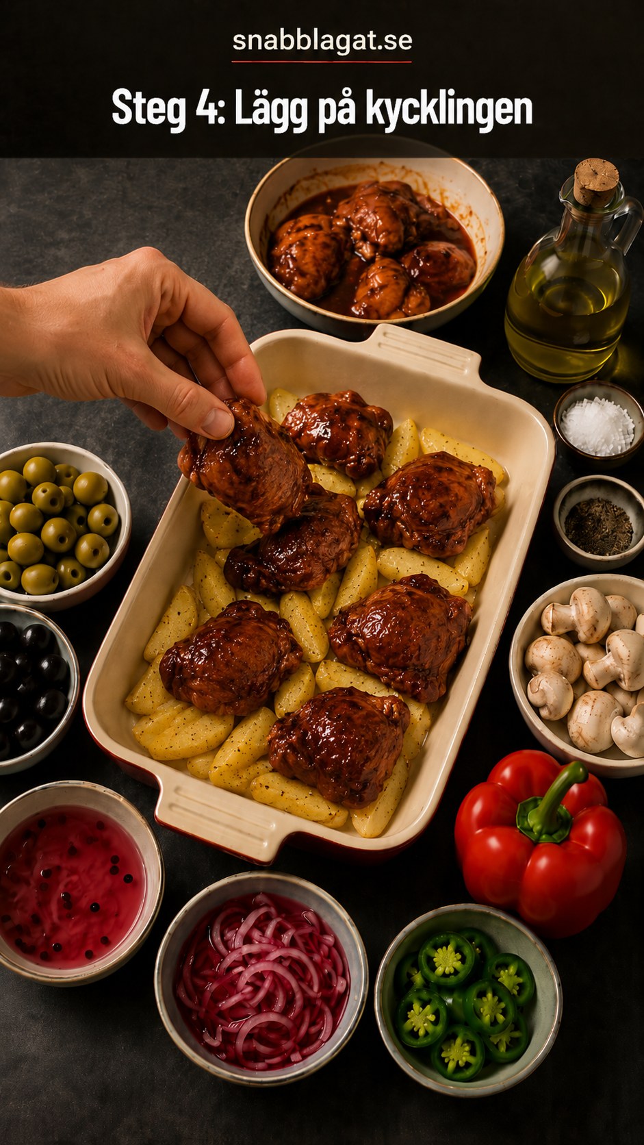 Marinerade kycklinglår läggs ovanpå potatisen i den grekiska pyttipannan