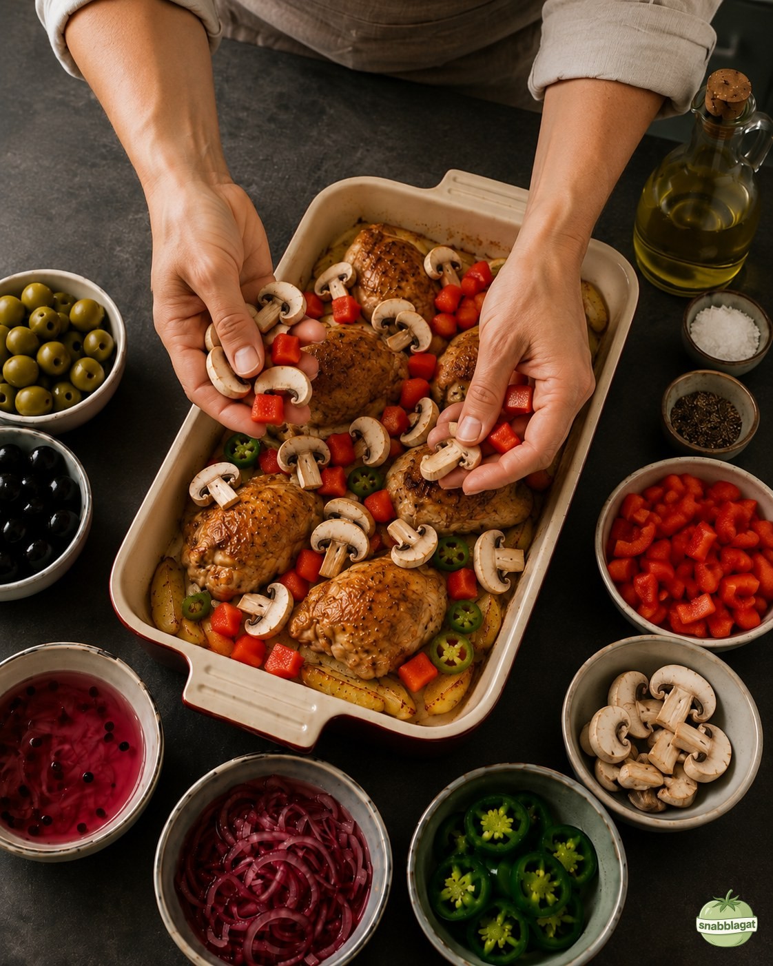 Skivad svamp och tärnad paprika läggs för hand på kyckling i grekisk pyttipanna