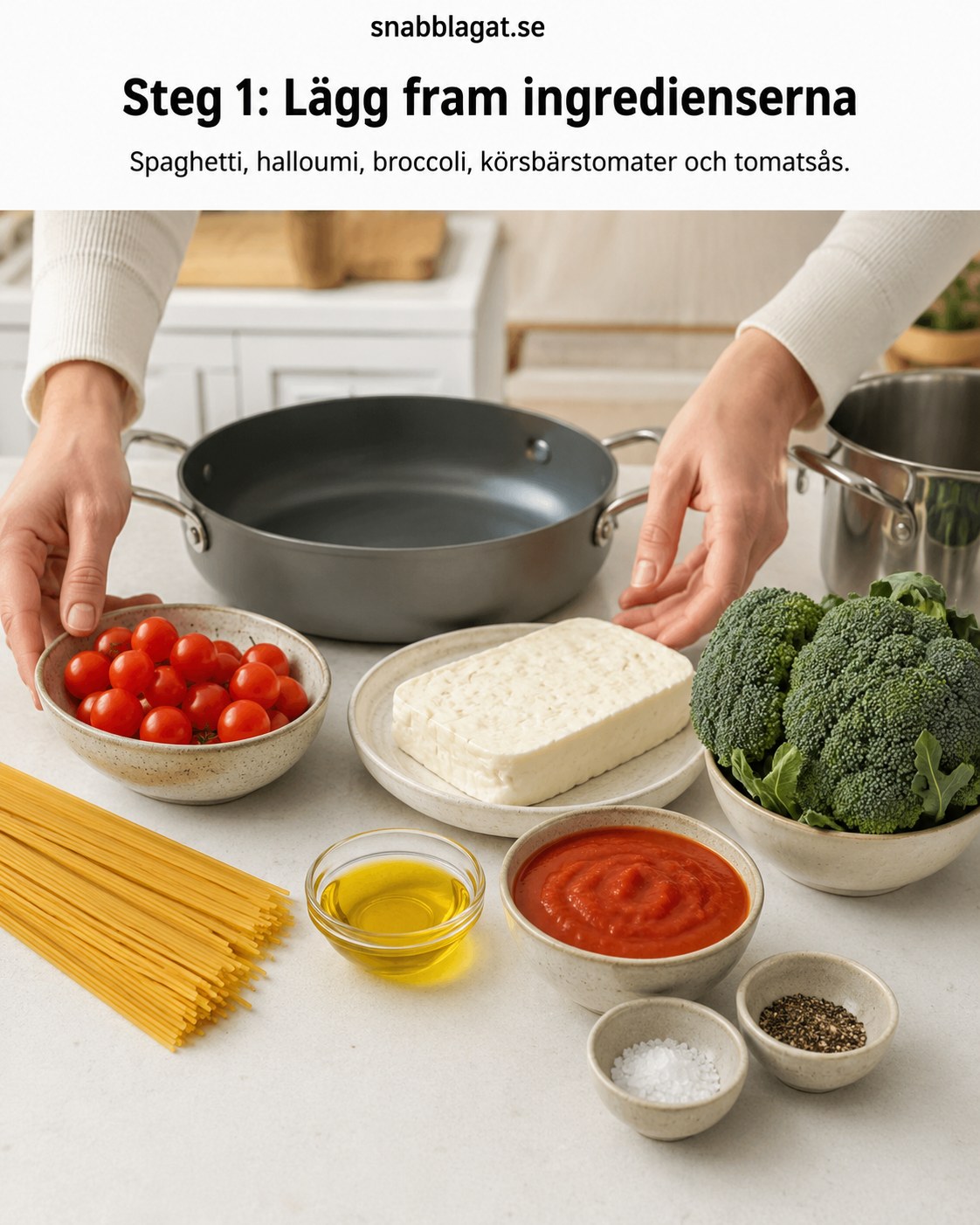 Ingredienser till halloumipasta med broccoli uppradade på köksbänken innan tillagning